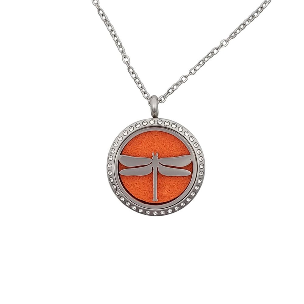 Silver Dragonfly w/ Crystal Stainless Steel Essential Oil Pendant Necklace